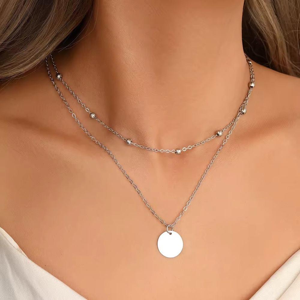 Silver Tone Circle Pendant Layered Necklace